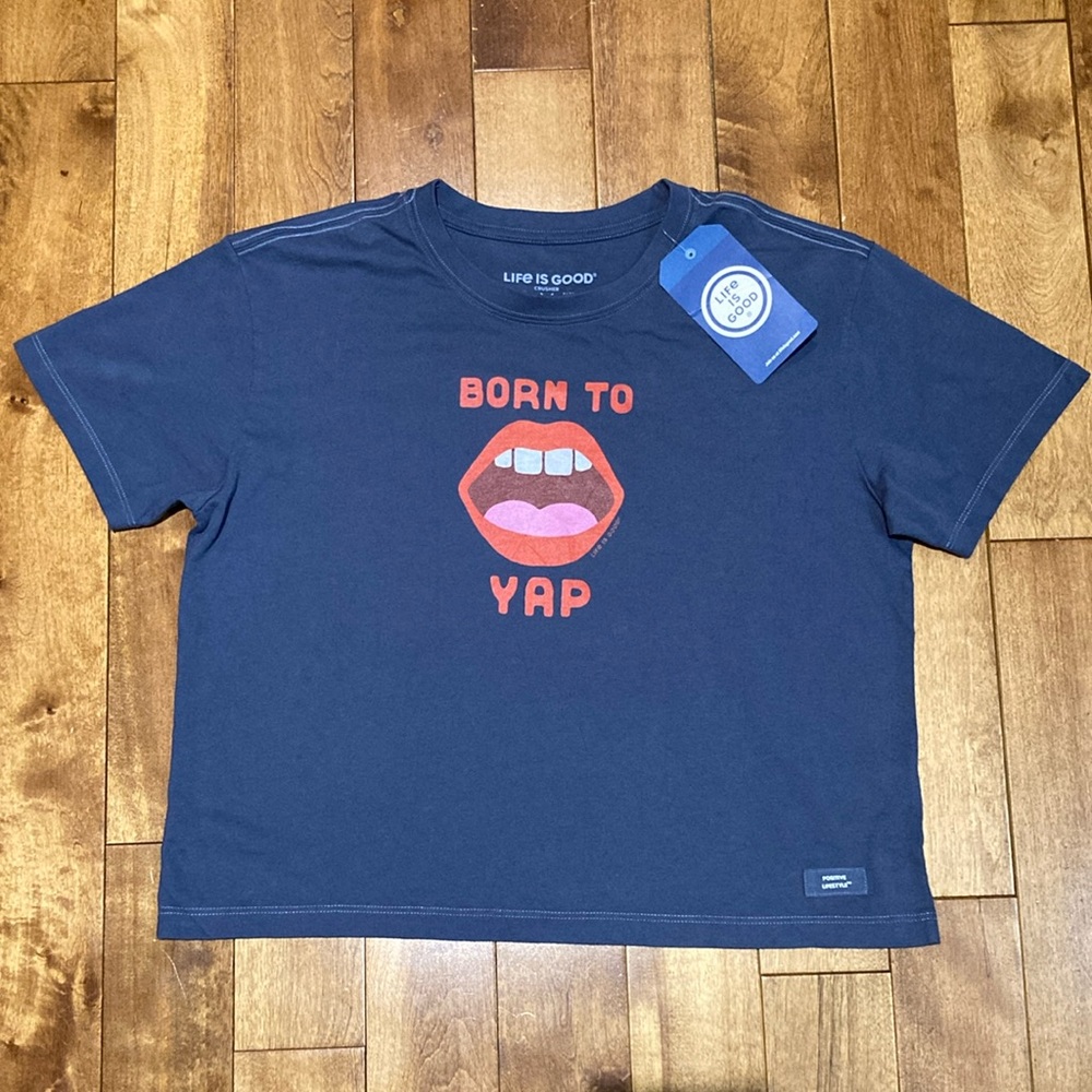 Life Is Good Graphic Boxy Tee. Blue, Red & Pink. Size: M